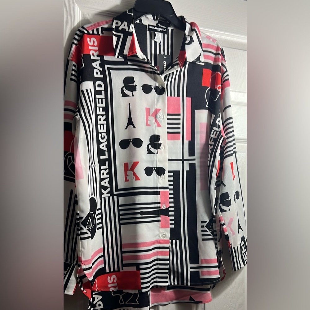 Karl Lagerfeld KL Print Soft Blouse Womens Size Large  Pink Multicolor